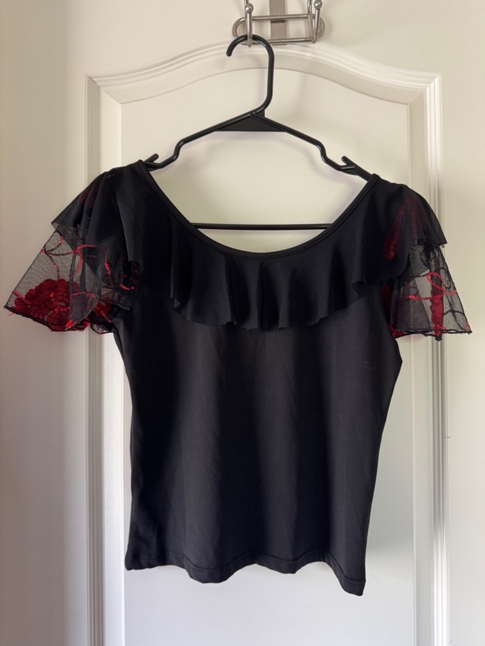 Black Scoop Neck Top with Red Floral Mesh Ruffle Sleeves / AA77